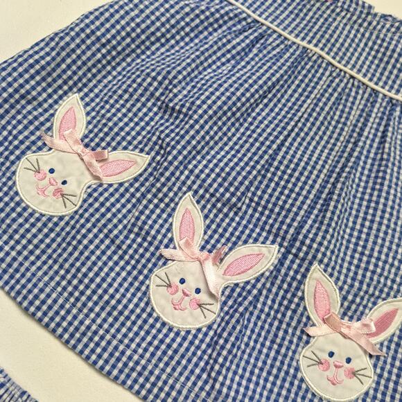 Vintage Ellemenno Outfit Baby Girls Size 6-9m Blue Gingham Seersucker Rabbit - Picture 2 of 5